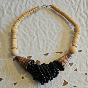 Handmade Neutral Wood, Shell & Black Bead Statement Necklace